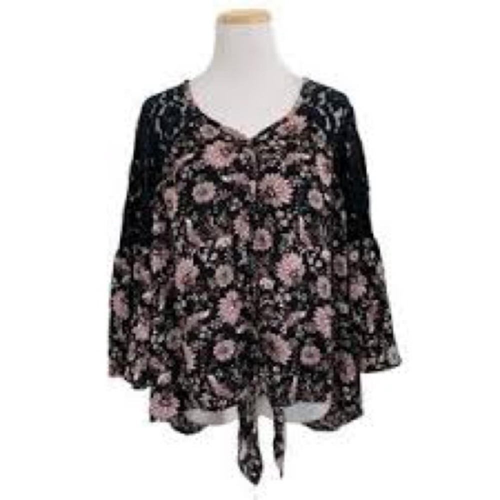 Knox Rose Black and Pink Floral Blouse with Bell Sleeves